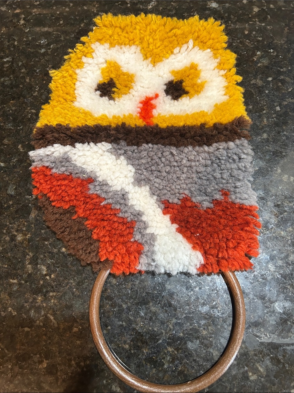 Vintage Handmade Owl Hooked Potholder in Mustard, Orange, Gray & White